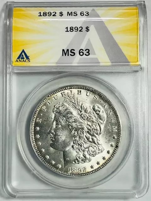 1892 Morgan Silver Dollar ANACS MS-63 Uncirculated Silver Coin (1 of 2)