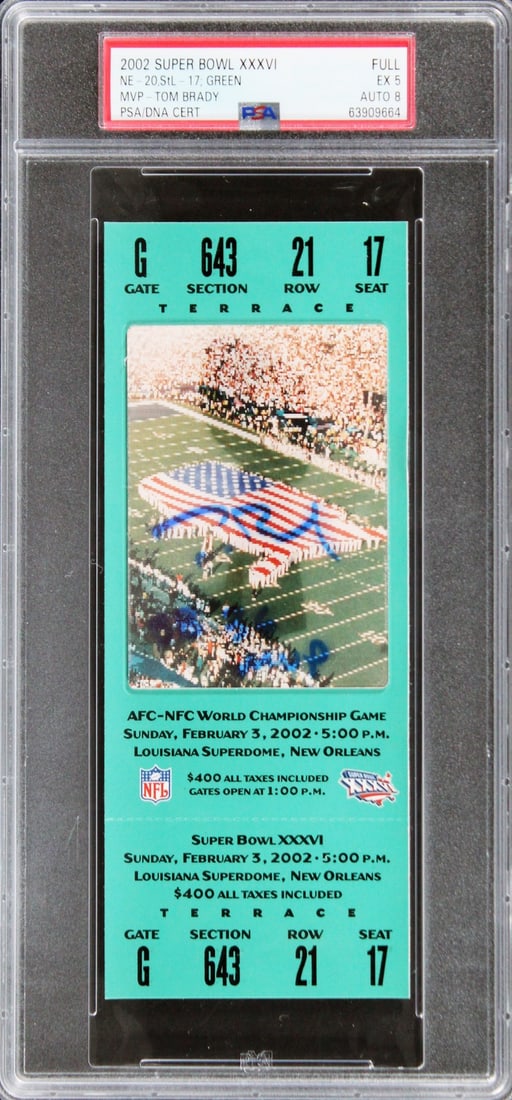 Tom Brady Signed Super Bowl XXXVI Ticket Stub PSA Slabbed Ex 5 Auto 8 SB 36 MVP: Tom Brady Signed Super Bowl XXXVI Ticket Stub PSA Slabbed Ex 5 Auto 8 SB 36 MVP This is a Super Bowl XXXVI full ticket stub, personally signed by Tom Brady, featuring the inscription "SB 36 MVP." Grad