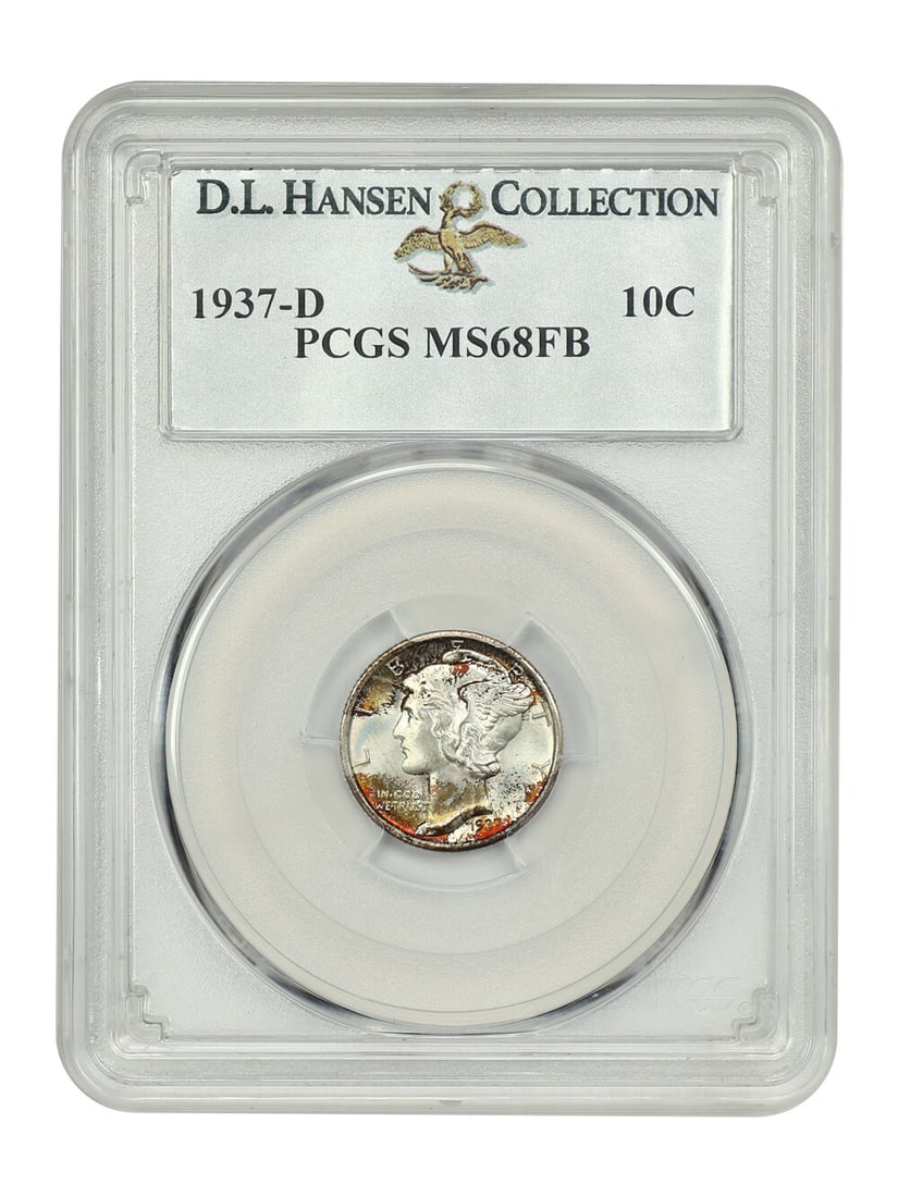 1937-D Mercury Dime PCGS MS68FB D.L. Hansen Collection: 1937-D Mercury Dime PCGS MS68FB D.L. Hansen Collection This stunning 1937-D 10C Mercury Dime is certified by PCGS with a remarkable grade of MS68FB. This uncirculated coin showcases virtually pristine