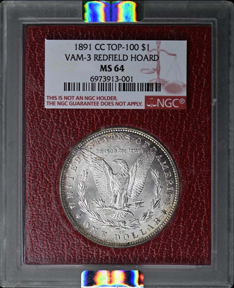 1891 CC Morgan Dollar VAM-3 NGC MS64 TOP-100 Coin: 1891 CC Morgan Dollar VAM-3 NGC MS64 TOP-100 Coin This 1891 CC Morgan Silver Dollar, part of the Top-100 series and classified as VAM-3 from the Redfield Hoard, is certified by NGC with a grade of MS6