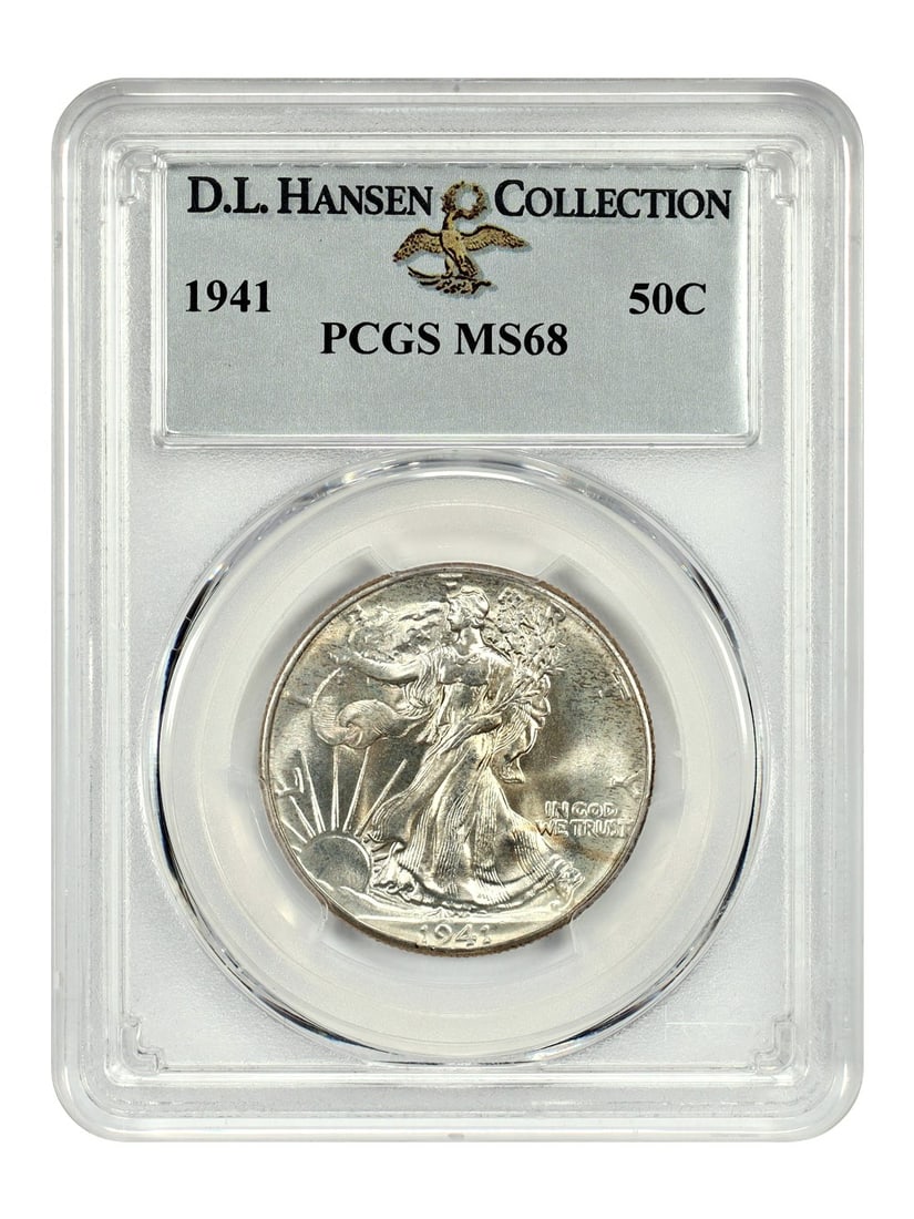 PCGS MS68 1941 Walking Liberty Half Dollar ex D L Hansen: PCGS MS68 1941 Walking Liberty Half Dollar ex D L Hansen This 1941 Walking Liberty Half Dollar is certified by PCGS with a grade of MS68. Struck in Philadelphia, this uncirculated half dollar features