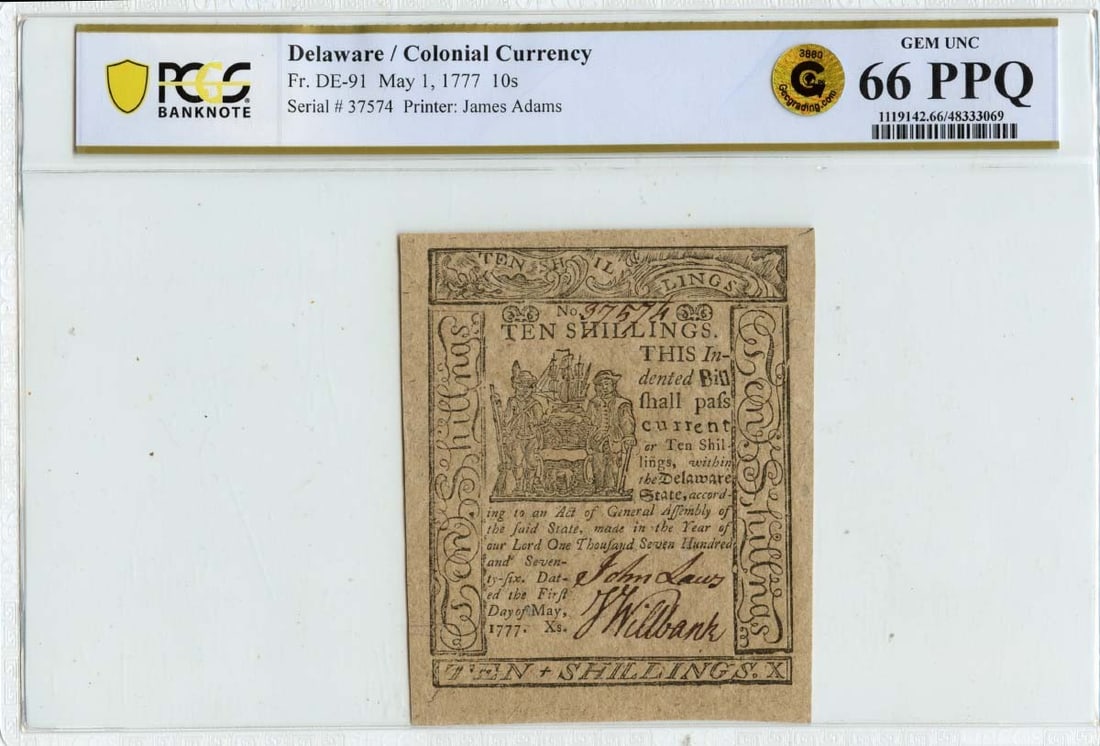 1777 10 Shillings Delaware Colonial Currency PCGS PR66: 1777 10 Shillings Delaware Colonial Currency PCGS PR66 This is a 1777 May 1 10 Shillings Delaware Colonial Currency note, graded PR66. The note is certified by PCGS Banknote with certification number