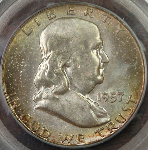 PCGS MS-65 1957 Toned Franklin Silver Half Dollar Coin: PCGS MS-65 1957 Toned Franklin Silver Half Dollar Coin This 1957 Franklin Silver Half Dollar is graded MS-65 by PCGS and features attractive toning. Struck in Philadelphia, this uncirculated coin is c