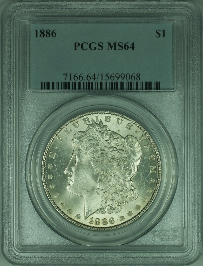 PCGS MS64 1886 Morgan Dollar Silver Coin from Philadelphia: PCGS MS64 1886 Morgan Dollar Silver Coin from Philadelphia This is an 1886 Morgan Silver Dollar coin, graded MS-64 by PCGS. The coin is uncirculated and composed of 90% silver. It was minted in Philad