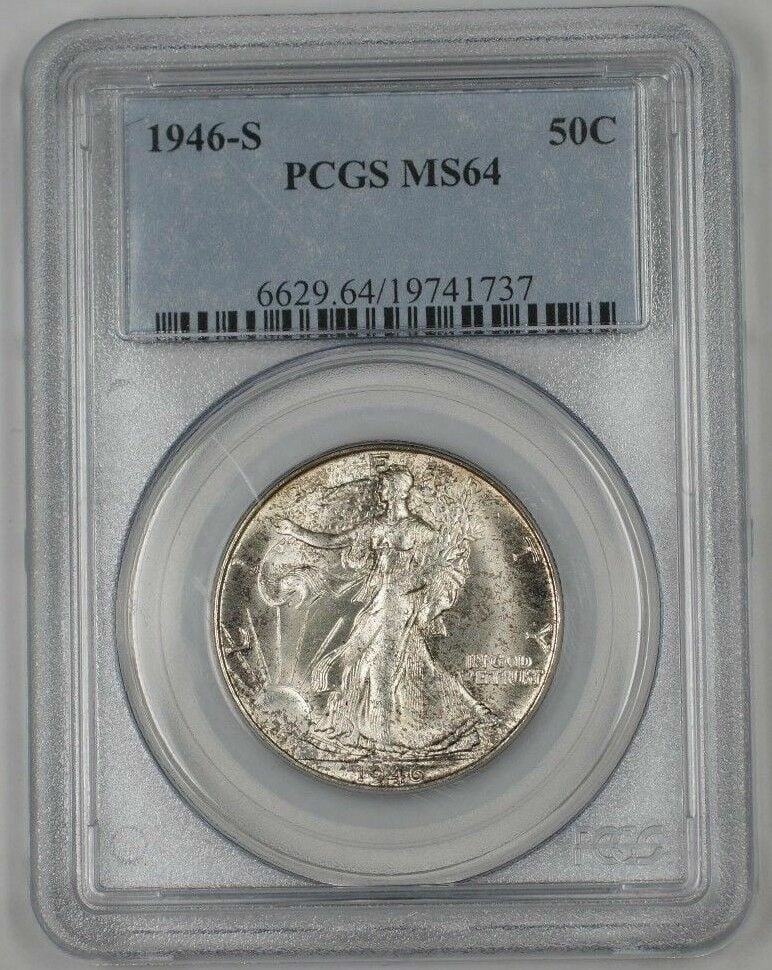 PCGS MS64 1946-S Silver Walking Liberty Half Dollar Coin Light Toning: PCGS MS64 1946-S Silver Walking Liberty Half Dollar Coin Light Toning This 1946-S Walking Liberty Half Dollar is certified by PCGS with a grade of MS-64. The coin is composed of silver, minted in San