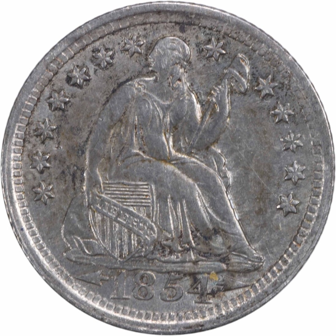 1854 Liberty Seated Half Dime 90% Silver AU Uncertified: 1854 Liberty Seated Half Dime 90% Silver AU Uncertified This 1854 Liberty Seated Silver Half Dime showcases a beautiful design by Robert Ball Hughes and Christian Gobrecht. Struck in Philadelphia, thi