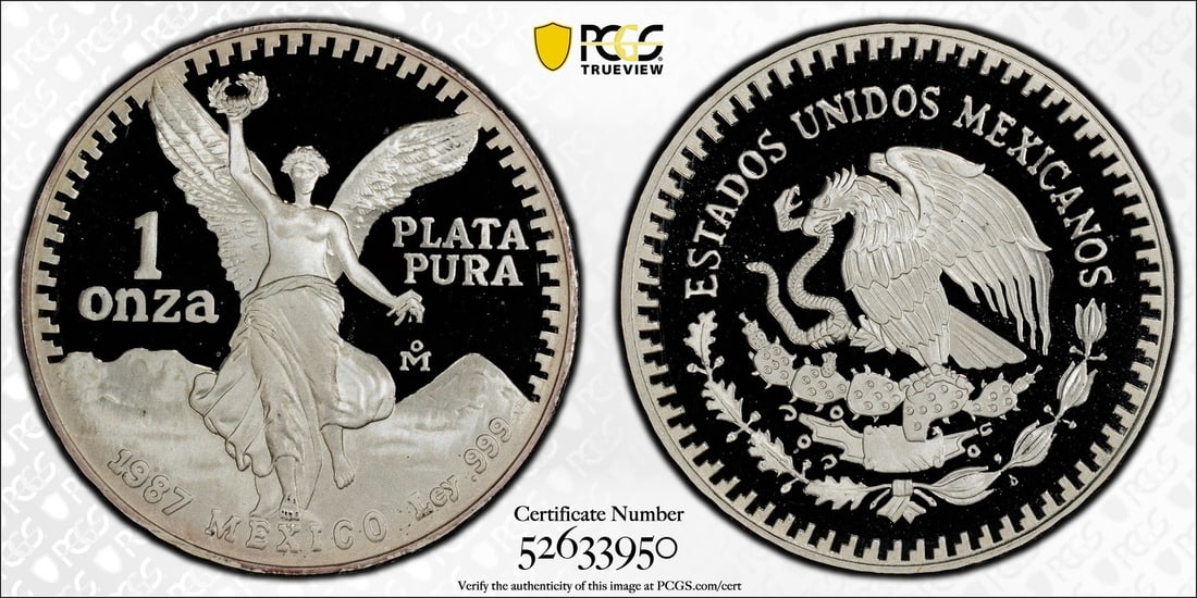 1987 Mexican Libertad 1 oz Silver Proof PCGS PR69 Missing Feather: 1987 Mexican Libertad 1 oz Silver Proof PCGS PR69 Missing Feather This stunning 1987 Mexican Libertad coin features a 1 oz silver composition with a remarkable proof strike. Graded PR 69 by PCGS, this