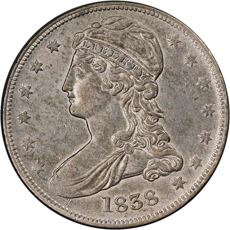 1838 Reeded Edge Bust Half Dollar Silver AU Great Eye Appeal: 1838 Reeded Edge Bust Half Dollar Silver AU Great Eye Appeal This 1838 Reeded Edge Bust Half Dollar showcases remarkable eye appeal with a strong strike, exhibiting vibrant color and well-preserved su