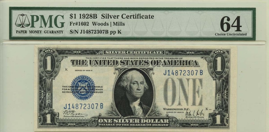 1928B $1 Silver Certificate Blue Seal Fr# 1602 PMG MS64 Uncirculated (1 of 2)