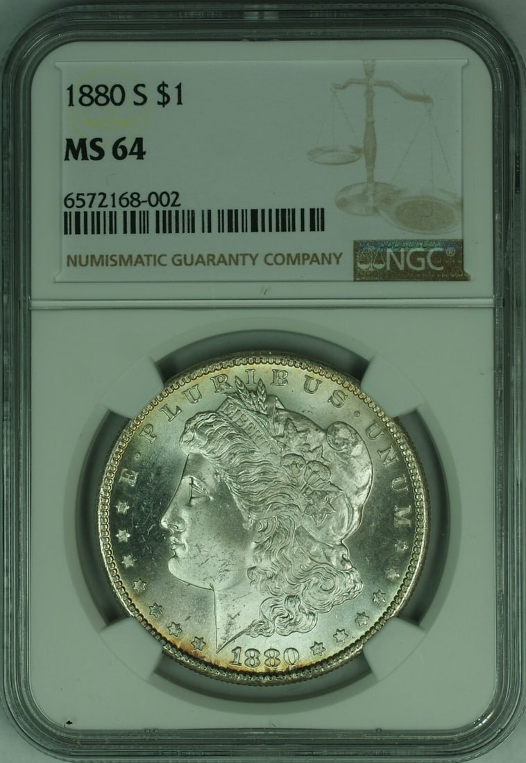 NGC MS 64 1880 San Francisco Morgan Silver Dollar One Dollar Coin: NGC MS 64 1880 San Francisco Morgan Silver Dollar One Dollar Coin This 1880-S Morgan Silver Dollar is certified by NGC with a grade of MS-64. Minted in San Francisco, the coin is uncirculated and feat