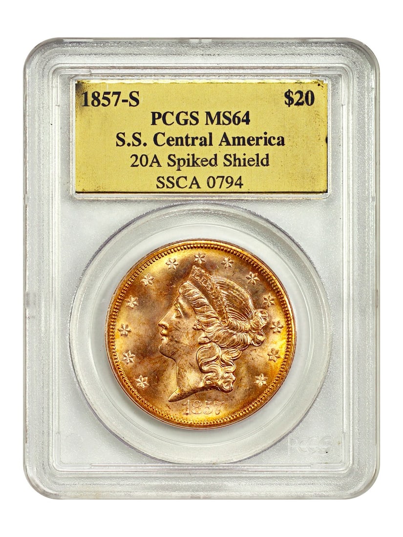 1857 San Francisco $20 Liberty Head Gold Coin PCGS MS64 S.S. Central America Shipwreck: 1857 San Francisco $20 Liberty Head Gold Coin PCGS MS64 S.S. Central America Shipwreck This 1857-S Liberty Head $20 gold coin is an un-used example recovered from the S.S. Central America shipwreck. G
