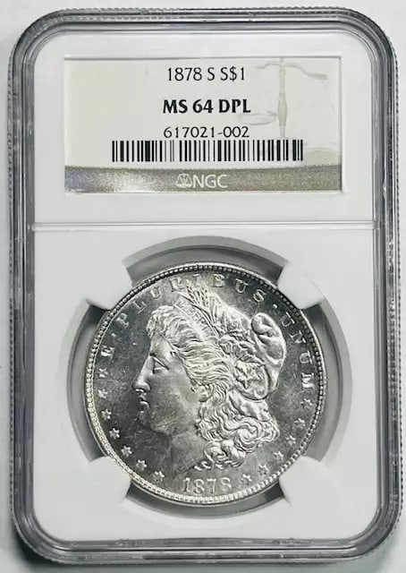 NGC MS64 DPL 1878 San Francisco Morgan Silver Dollar: NGC MS64 DPL 1878 San Francisco Morgan Silver Dollar This is an 1878-S Morgan Silver Dollar graded MS-64 DPL by NGC. The coin is uncirculated and was minted in San Francisco, USA. It is composed of si