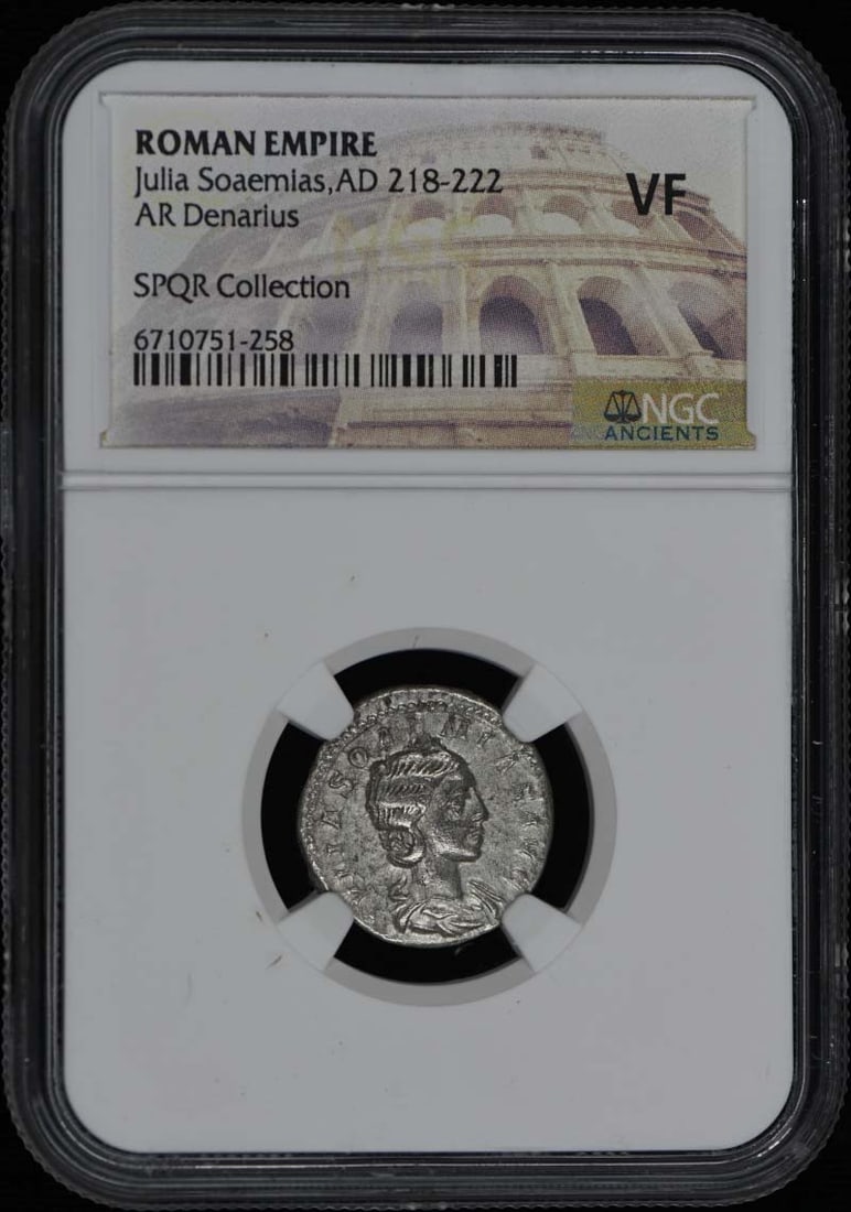 Julia Soaemias AR Denarius AD 218-222 NGC Certified VF20: Julia Soaemias AR Denarius AD 218-222 NGC Certified VF20 This Roman Empire AR Denarius features Julia Soaemias, minted between AD 218-222. Graded by NGC at VF20, this coin showcases a well-preserved c