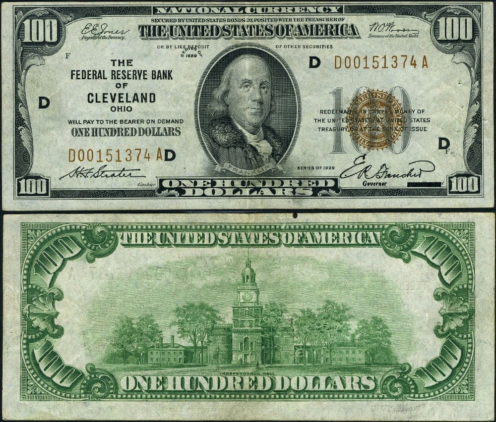 1929 $100 Federal Reserve Note Cleveland D-A Block Extra Fine (1 of 3)