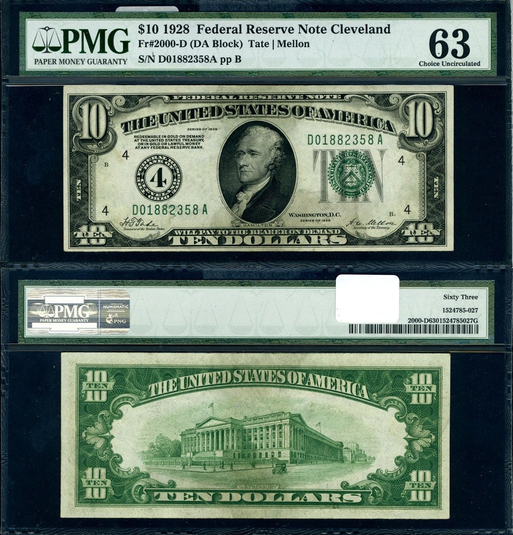 1928 $10 Federal Reserve Note Cleveland D-A Block PMG CU63 (1 of 3)
