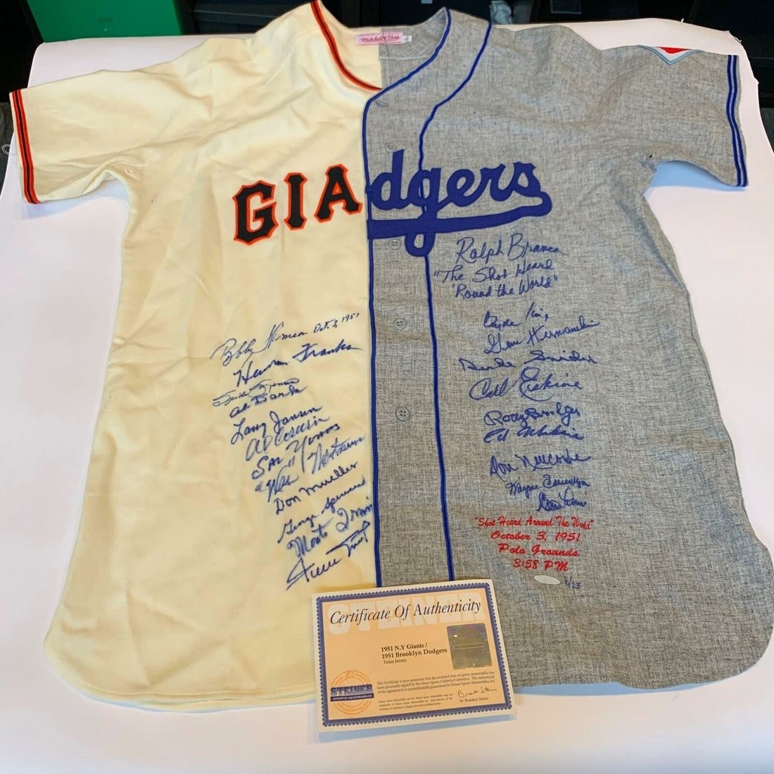 1951 Shot Heard Round the World Signed Jersey Limited Edition 8/23 Willie Mays: 1951 Shot Heard Round the World Signed Jersey Limited Edition 8/23 Willie Mays Celebrate baseball history with this remarkable 1951 Shot Heard 'Round the World signed jersey, featuring both the New Yo