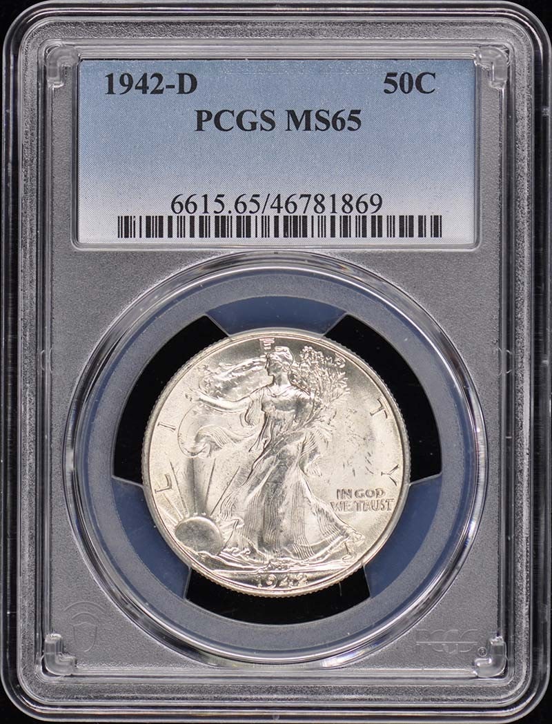 1942-D Walking Liberty Half Dollar PCGS MS65 Uncirculated: 1942-D Walking Liberty Half Dollar PCGS MS65 Uncirculated This stunning 1942-D Walking Liberty Half Dollar is certified by PCGS with a grade of MS65, indicating its excellent condition. Struck in Denv