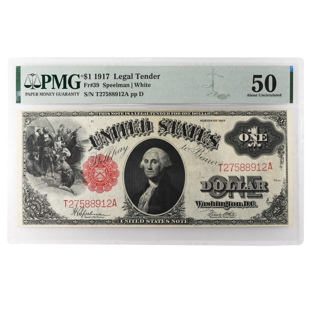 1917 $1 Legal Tender Note PMG AU50 Large Size Fr#39: 1917 $1 Legal Tender Note PMG AU50 Large Size Fr#39 This 1917 $1 Legal Tender Note, graded AU 50 by PMG, showcases the historical significance and craftsmanship of early American currency. It is a lar