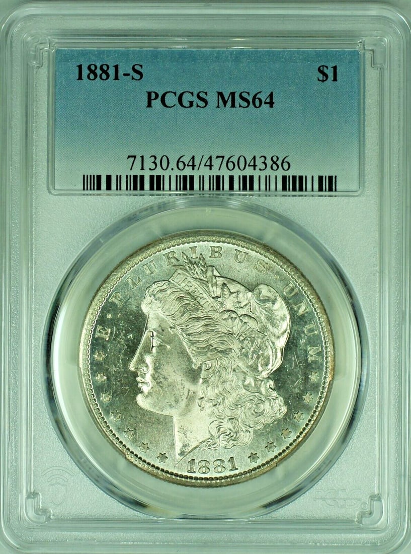 PCGS MS 64 1881-S Morgan Dollar Semi-Proof Like Uncirculated Silver Coin: PCGS MS 64 1881-S Morgan Dollar Semi-Proof Like Uncirculated Silver Coin This 1881-S Morgan Silver Dollar is a semi-proof like coin graded MS 64 by PCGS. It is uncirculated and features a proof-like s