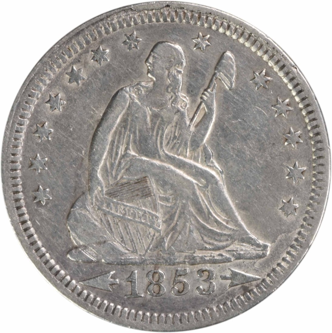 1853 Liberty Seated Quarter 90% Silver EF Uncertified: 1853 Liberty Seated Quarter 90% Silver EF Uncertified This 1853 Liberty Seated Quarter features the classic design by Robert Ball Hughes and Christian Gobrecht. It is a circulated coin, ungraded, with
