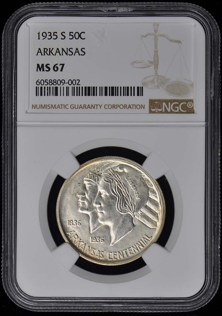1935-S Arkansas Silver 50 Cent Commemorative NGC MS67 Uncirculated Coin: 1935-S Arkansas Silver 50 Cent Commemorative NGC MS67 Uncirculated Coin This 1935-S Arkansas Silver Commemorative 50 Cent coin is certified by NGC with a grade of MS67, indicating it is in uncirculate