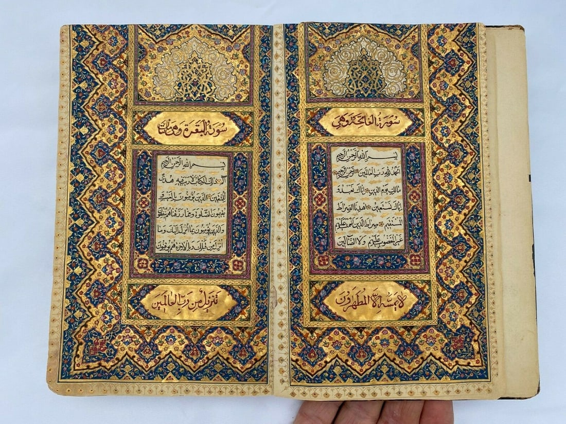 19th Century Arabic Handwritten Holy Koran Signed 1314 Royal Provenance: 19th Century Arabic Handwritten Holy Koran Signed 1314 Royal Provenance This exceptional 19th century Arabic handwritten Holy Koran book showcases extraordinary manuscript artistry. It features beauti