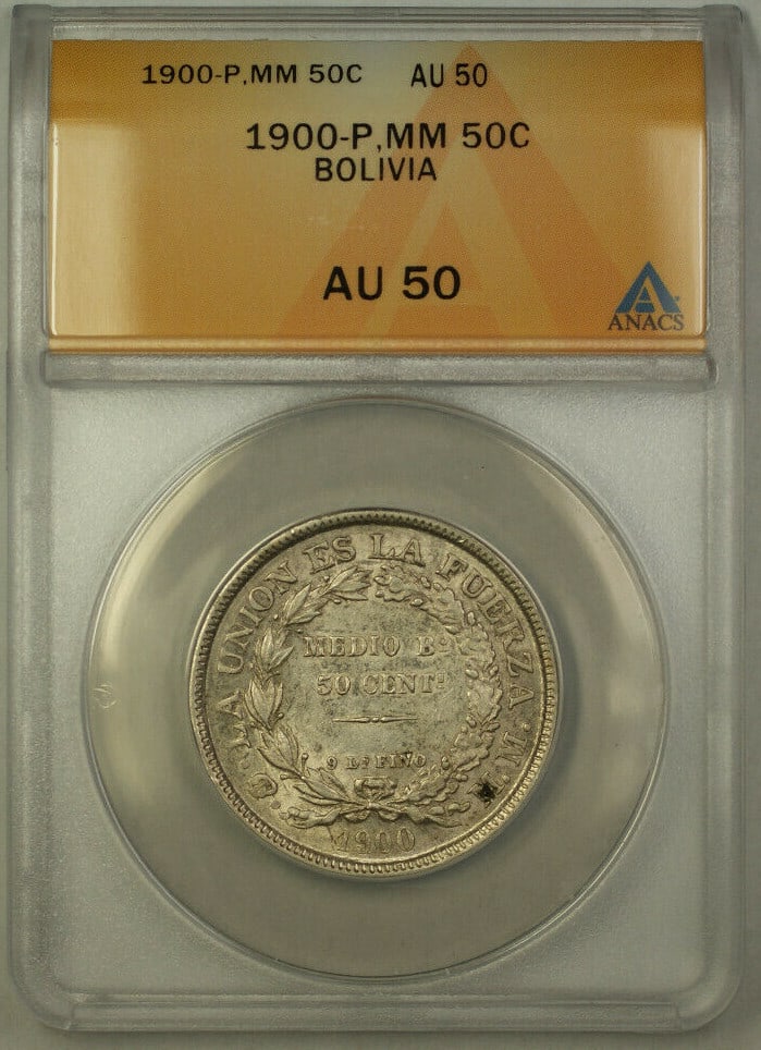 Bolivia 50 Centavos Silver 1900 ANACS AU 50 Certified Coin: Bolivia 50 Centavos Silver 1900 ANACS AU 50 Certified Coin This 1900-P MM Bolivia 50 Centavos silver coin is certified by ANACS with a grade of AU-50. Struck in 1900, the coin is made of 90% silver an