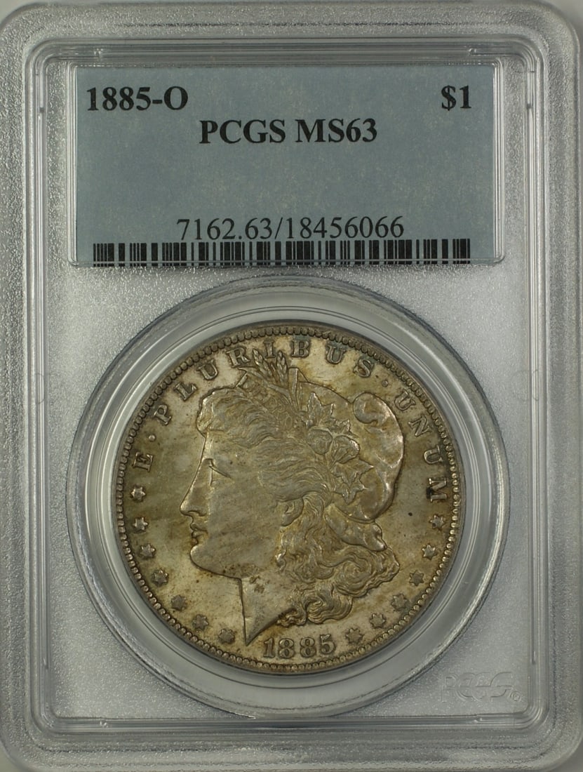 PCGS MS63 1885-O Morgan Dollar Silver $1 Coin New Orleans Mint Toned: PCGS MS63 1885-O Morgan Dollar Silver $1 Coin New Orleans Mint Toned This 1885-O Morgan Silver Dollar is a $1 coin minted in New Orleans. Certified by PCGS with a grade of MS 63, the coin is composed