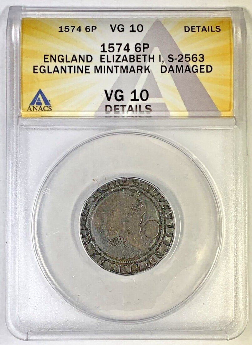 1574 England 6 Pence Coin S-2563 Certified by ANACS VG 10 Grade: 1574 England 6 Pence Coin S-2563 Certified by ANACS VG 10 Grade This 1574 6 Pence coin from England dates to the mid-16th century and is certified by ANACS with a grade of VG 10. Featuring the S-2563