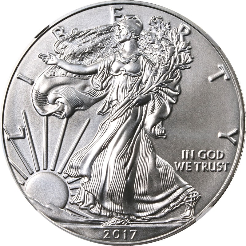 NGC MS70 2017-W Burnished Silver Eagle Dollar Certified Uncirculated Coin: NGC MS70 2017-W Burnished Silver Eagle Dollar Certified Uncirculated Coin This is a 2017-W Silver American Eagle $1 coin, burnished and graded MS70 by NGC. The coin is uncirculated and composed of 0.9