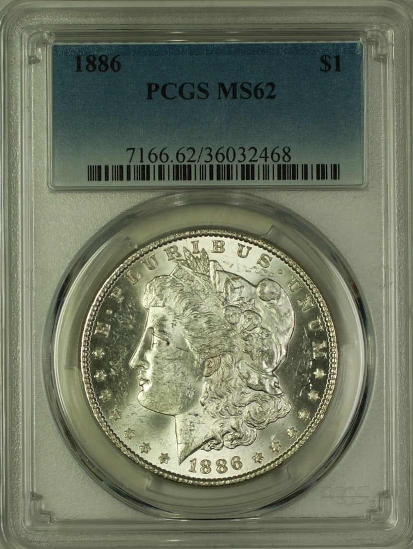 PCGS MS62 1886 Morgan Dollar Silver Coin Philadelphia Mint: PCGS MS62 1886 Morgan Dollar Silver Coin Philadelphia Mint This 1886 Morgan Silver Dollar is certified by PCGS with a grade of MS-62. Minted in Philadelphia, the coin is composed of silver and remains