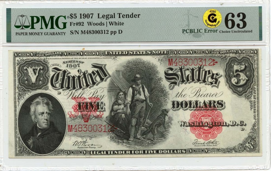 1907 $5 PMG CU63 Legal Tender Woodchopper Note (1 of 2)