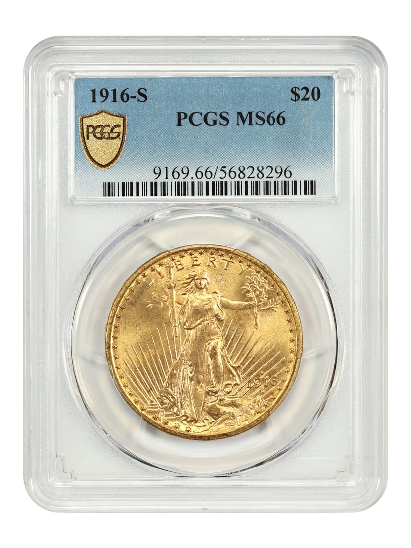 PCGS MS66 1916-S Double Eagle Gold Coin St Gaudens $20 San Francisco: PCGS MS66 1916-S Double Eagle Gold Coin St Gaudens $20 San Francisco This is a 1916-S St. Gaudens $20 Double Eagle gold coin, graded MS66 by PCGS. Struck in San Francisco, this coin is uncirculated an