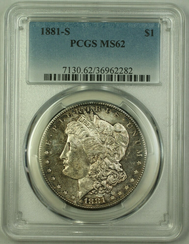 1881 San Francisco Morgan Dollar Silver $1 PCGS MS62 Toned Coin: 1881 San Francisco Morgan Dollar Silver $1 PCGS MS62 Toned Coin This is an 1881-S Morgan Silver Dollar coin graded MS-62 by PCGS. Minted in San Francisco, the coin is composed of silver with a finenes