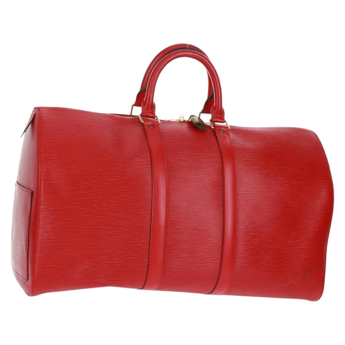 Red Epi Leather Keepall 45 Boston Bag by Louis Vuitton M42977 with Padlock: Red Epi Leather Keepall 45 Boston Bag by Louis Vuitton M42977 with Padlock This Louis Vuitton Epi Keepall 45 Boston Bag is crafted from signature red Epi leather. The bag features a spacious main comp