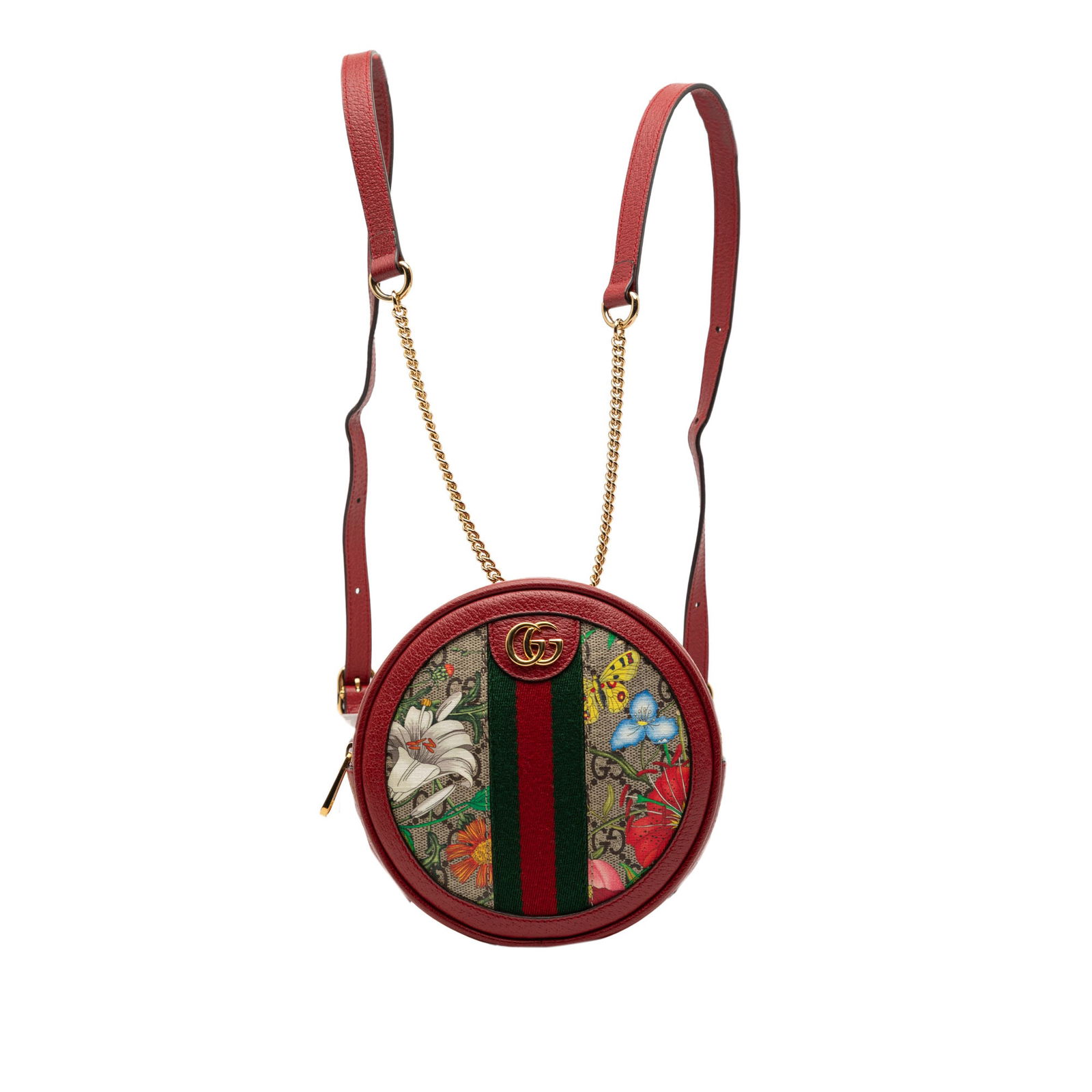 Gucci Ophidia Mini Round Backpack GG Supreme Flora Print: Gucci Ophidia Mini Round Backpack GG Supreme Flora Print This Gucci Mini GG Supreme Flora Round Ophidia Backpack is crafted from printed coated canvas with leather trim and web detail. It features fla