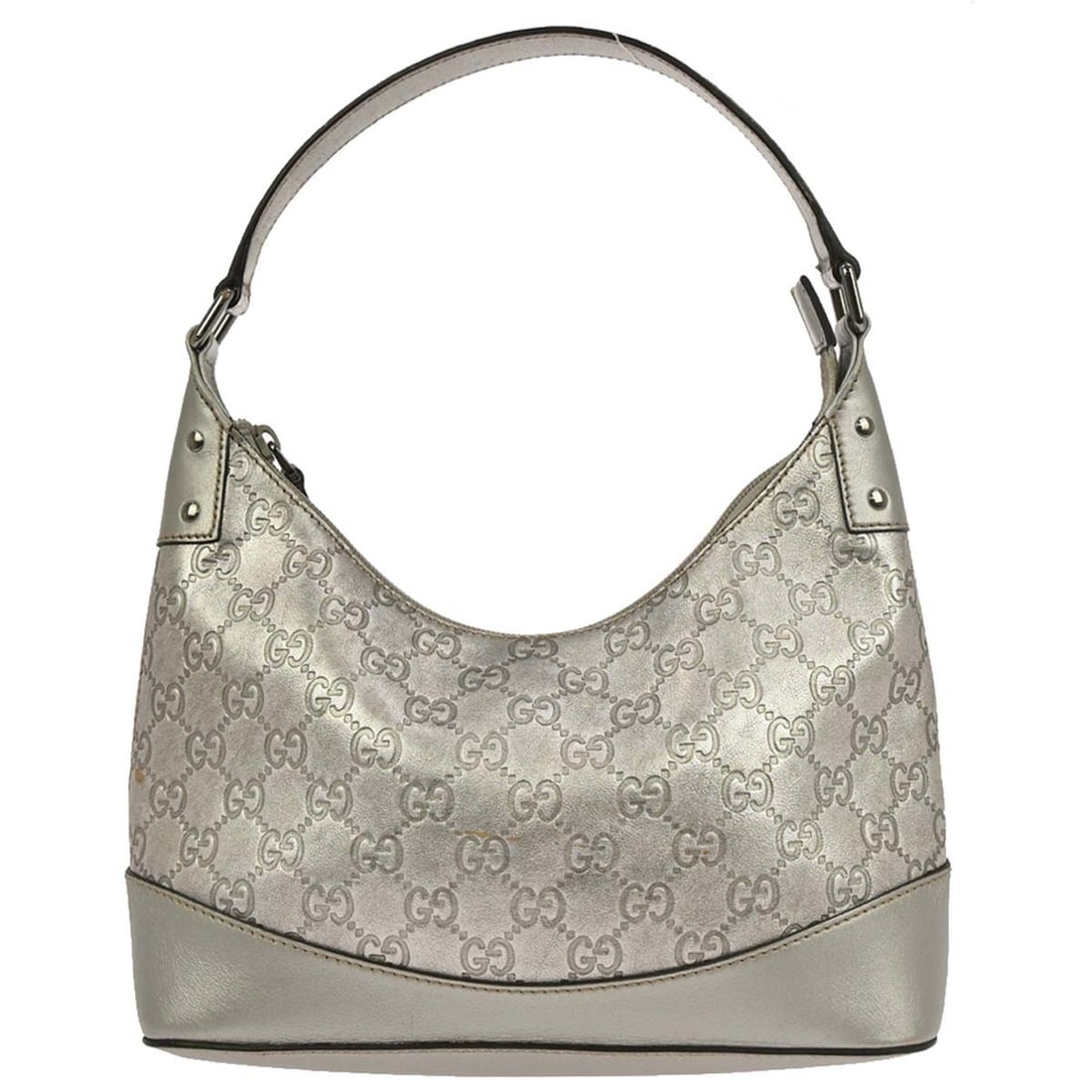 Guccissima Silver Leather Top Handle Handbag by Gucci Model 240020 001013: Guccissima Silver Leather Top Handle Handbag by Gucci Model 240020 001013 This is a vintage Gucci top handle handbag crafted from silver Guccissima leather, featuring the iconic Gucci GG pattern. The