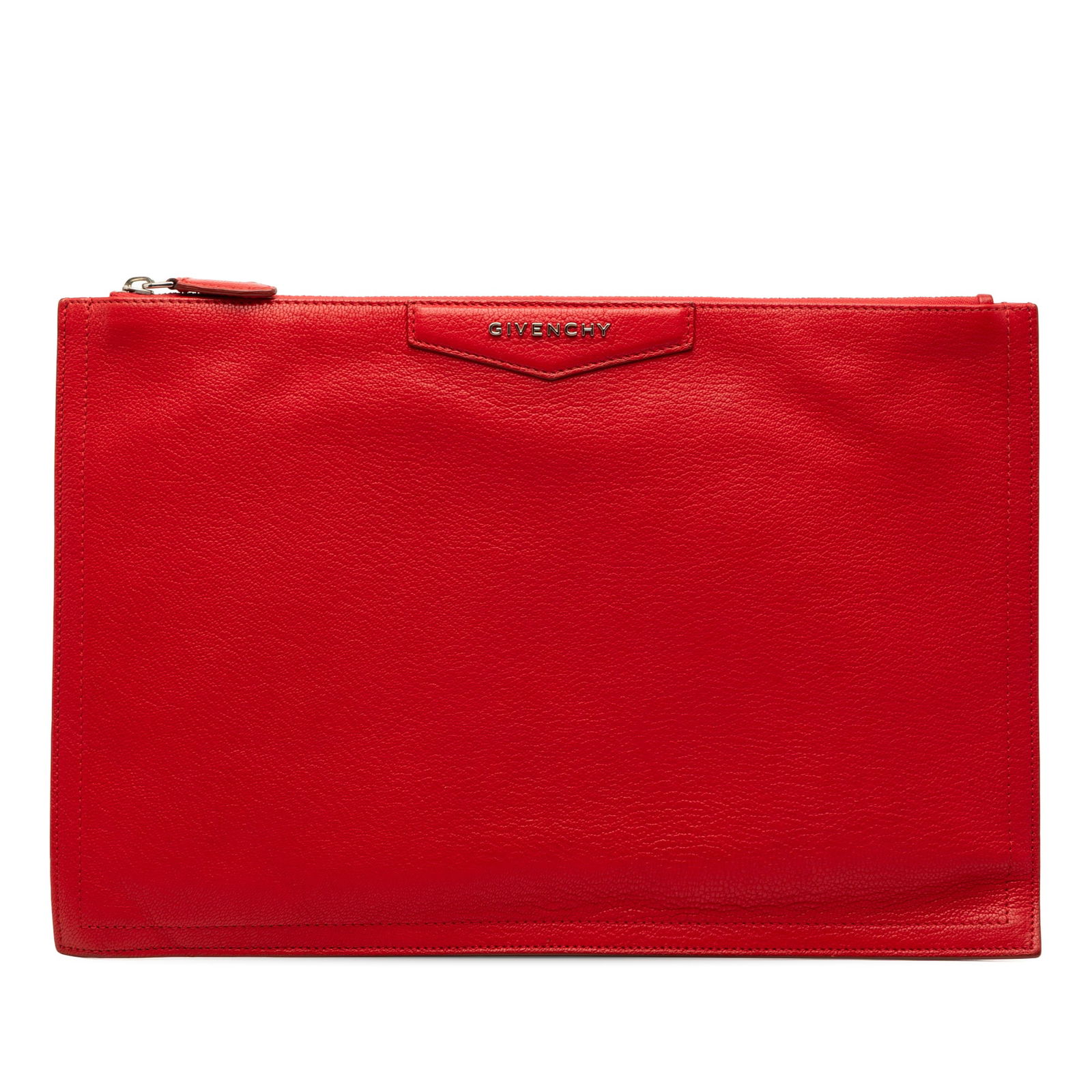 Givenchy Antigona Medium Red Leather Logo Clutch Bag: Givenchy Antigona Medium Red Leather Logo Clutch Bag The Givenchy Medium Antigona Leather Clutch features a red leather body with a front logo accent and a top zip closure. Made in Italy, this clutch