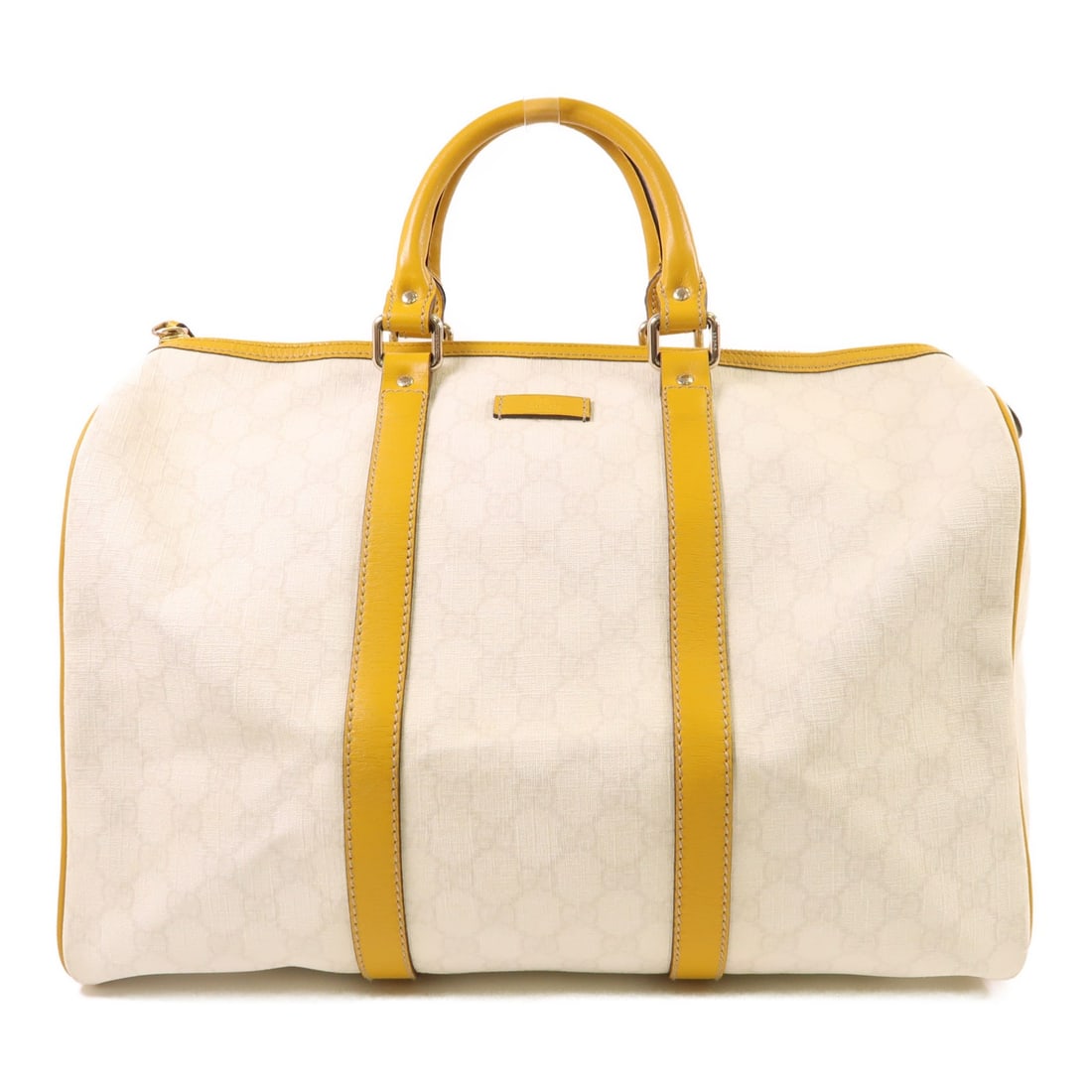 Gucci Boston Bag White and Yellow Coated Canvas with Gold Hardware: Gucci Boston Bag White and Yellow Coated Canvas with Gold Hardware This is a Gucci Boston bag crafted from durable PVC coated canvas in white with yellow accents. The bag features a classic Boston sil