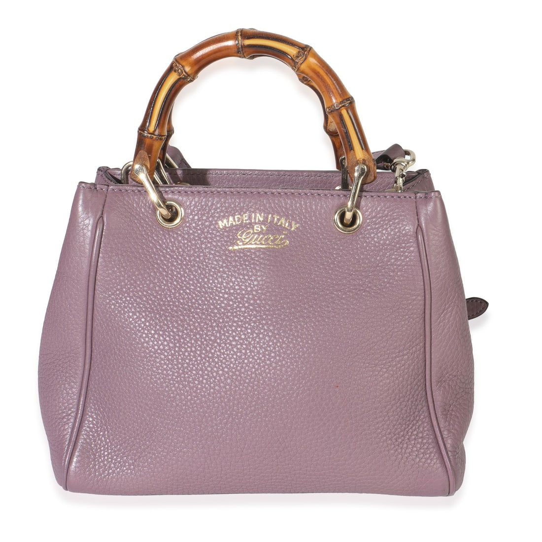 Mini Bamboo Shopper Purple Leather Top Handle Bag by Gucci: Mini Bamboo Shopper Purple Leather Top Handle Bag by Gucci This Gucci Mini Bamboo Shopper features a purple pebbled calfskin leather exterior with a structured top handle design. The bag is accented w