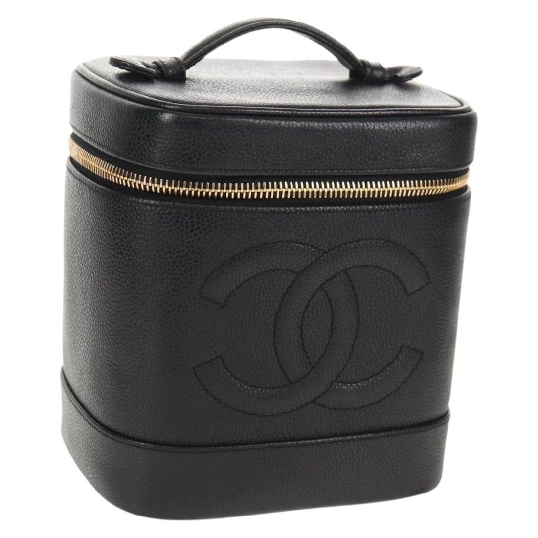 CHANEL Coco Mark Vanity Pouch Caviar Skin Black Gold Authentic 153739SAV: CHANEL Coco Mark Vanity Pouch Caviar Skin Black Gold Authentic 153739SAV Introducing the CHANEL COCO Mark Vanity Pouch, a luxurious accessory crafted from premium grained calfskin known as Caviar Skin