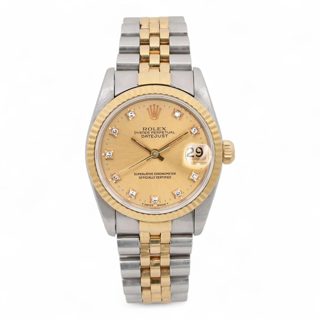 Rolex Datejust 68273 Two Tone Diamond Champagne Dial Midsize Automatic Watch: Rolex Datejust 68273 Two Tone Diamond Champagne Dial Midsize Automatic Watch This Rolex Datejust Midsize wristwatch features a classic combination of 18K yellow gold and stainless steel, showcasing a