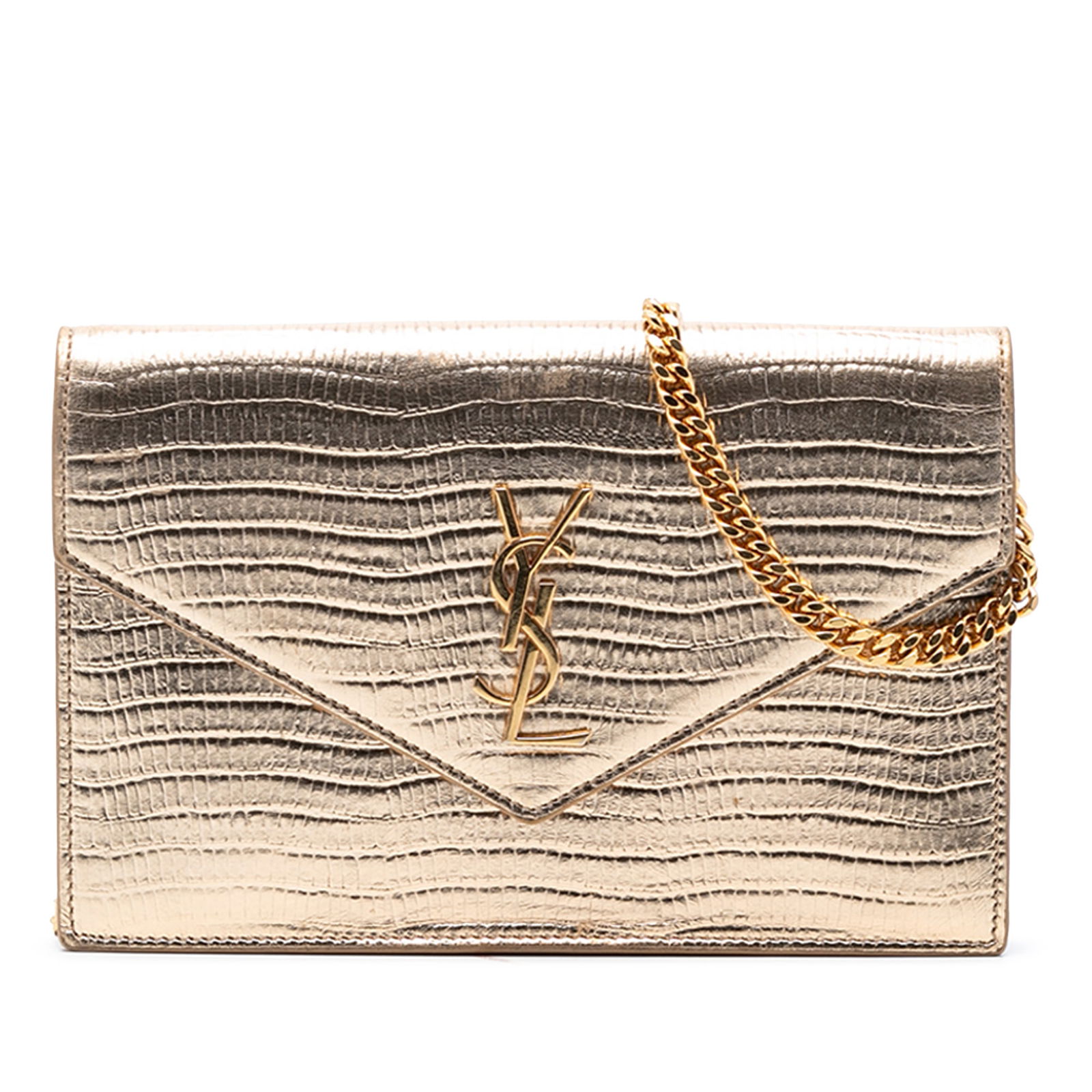 Gold Lizard Embossed Saint Laurent Monogram Envelope Chain Wallet: Gold Lizard Embossed Saint Laurent Monogram Envelope Chain Wallet This Saint Laurent Monogram Envelope Chain Wallet features a lizard-embossed metallic leather exterior in gold, complemented by a chai