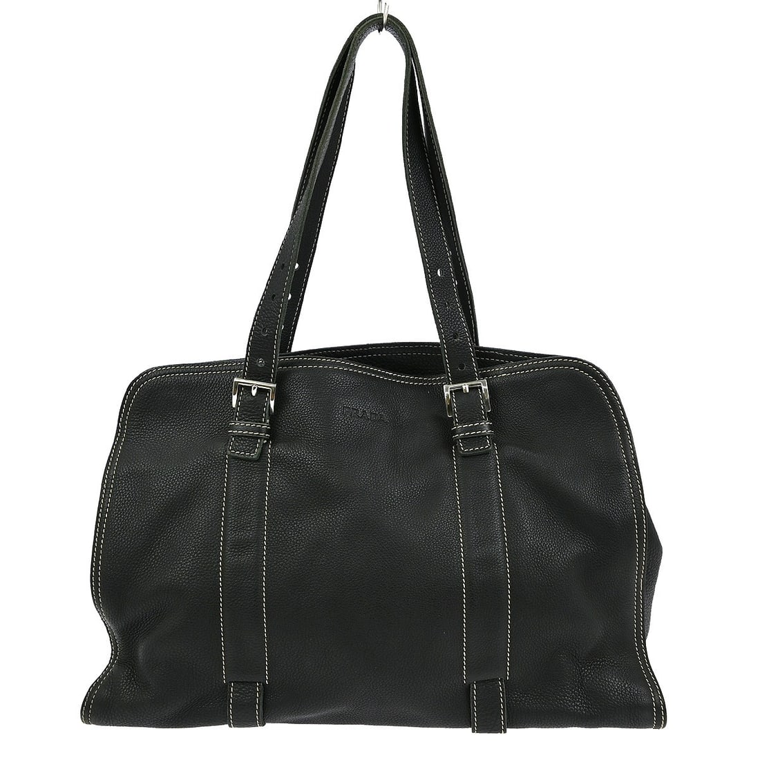 Prada Medium Black Leather Tote Bag with Logo Accent: Prada Medium Black Leather Tote Bag with Logo Accent This Prada black leather tote handbag features a medium-sized silhouette with a classic logo accent. The exterior is crafted from leather and compl