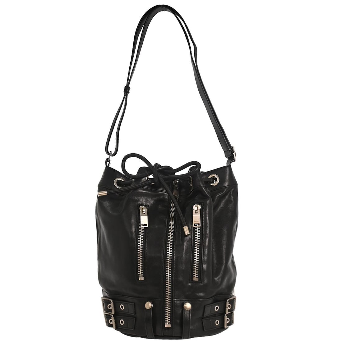 Saint Laurent Rider Medium Black Leather Bucket Shoulder Bag: Saint Laurent Rider Medium Black Leather Bucket Shoulder Bag This Saint Laurent black leather rider bucket bag features a medium-sized silhouette with a shoulder strap for comfortable carrying. The ba