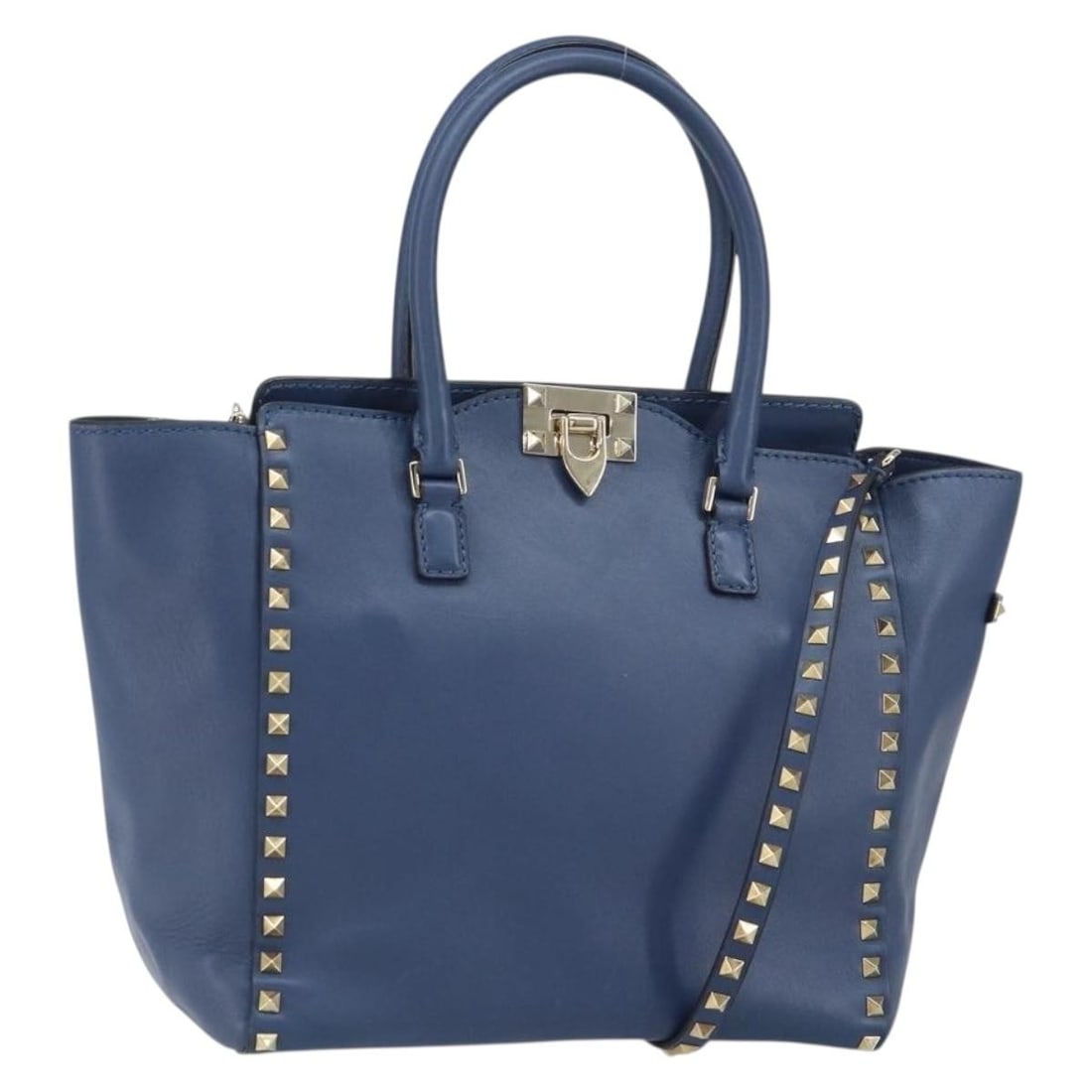 Valentino Rockstud Navy Leather Convertible Handbag with Gold Tone Details (1 of 18)