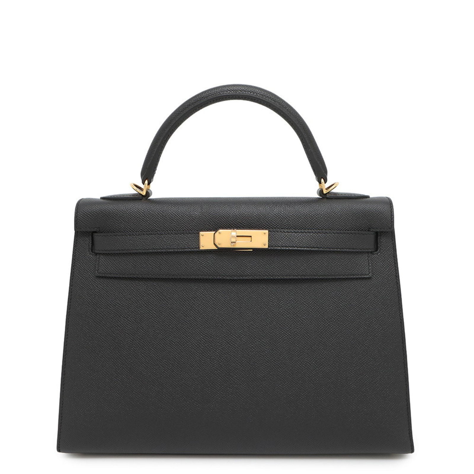 Black Leather Kelly 32 Handbag by Hermes with 90cm Strap: Black Leather Kelly 32 Handbag by Hermes with 90cm Strap This Hermes Kelly 32 is a classic handbag crafted from black leather and designed for women. The bag features a structured silhouette, a top ha