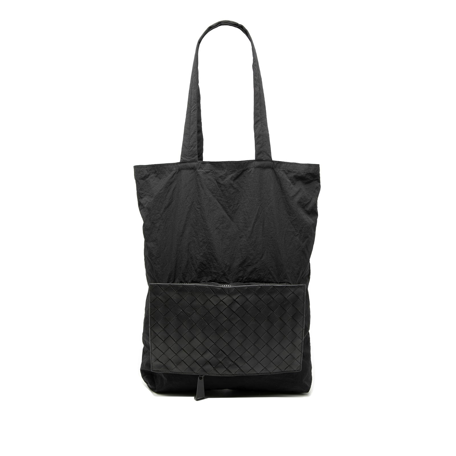 Intrecciato Nylon Tote Bag with Leather Trim by Bottega Veneta: Intrecciato Nylon Tote Bag with Leather Trim by Bottega Veneta This Bottega Veneta Intrecciato Trimmed Nylon Eco Tote features a nylon body with leather trim, flat straps, an open top, and an exterior
