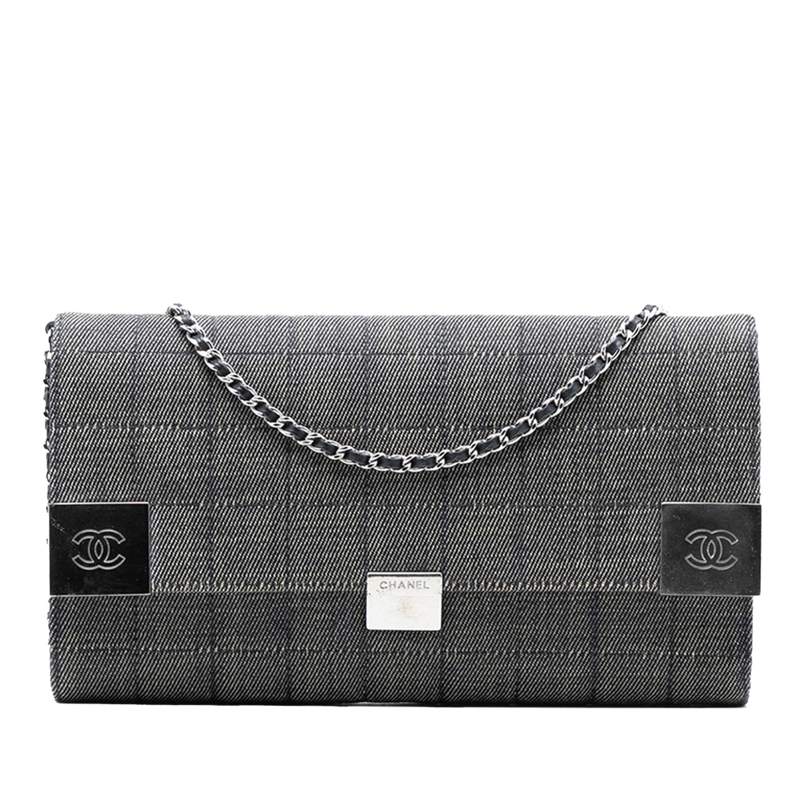 Chanel Choco Bar Denim Shoulder Bag with Chain Strap: Chanel Choco Bar Denim Shoulder Bag with Chain Strap This Chanel CC Choco Bar Denim Chain Flap shoulder bag features a square quilted gray denim body with a leather-woven chain strap. The front flap s