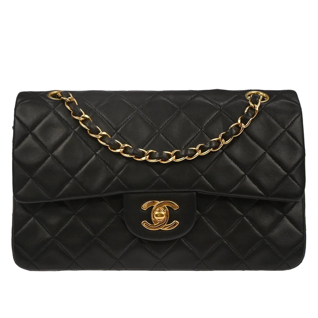 Small Black Lambskin Classic Double Flap Shoulder Bag by Chanel: Small Black Lambskin Classic Double Flap Shoulder Bag by Chanel This Chanel Small Classic Double Flap Shoulder Bag features black lambskin leather with a matelasse pattern and a flap turnlock closure.